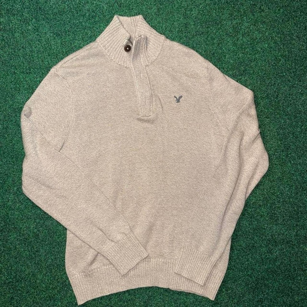 American‎ Eagle Mens Athletic Fit Quarter Button Mock Neck Sweater Tan Large P7